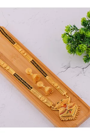 Brandsoon Gold-Plated & Black Beaded Mangalsutra With Earrings