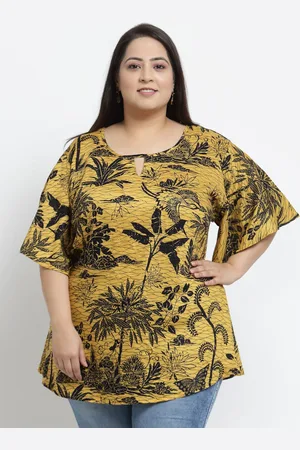 KLOTTHE Plus Size Women Mustard Yellow & Black Floral Print Keyhole Neck Top
