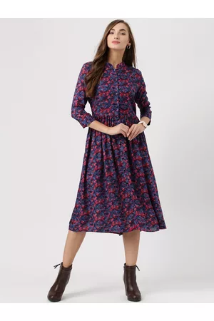 marie claire Women Blue Floral Print Fit & Flare Dress