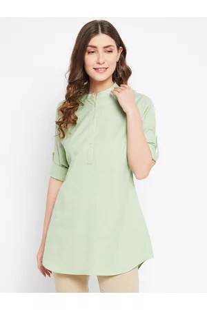 Bitterlime Women Green Mandarin Collar Pure Cotton Tunic