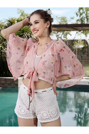 Sera Women Pink & Green Floral Printed Crop Tie-Up Shrug