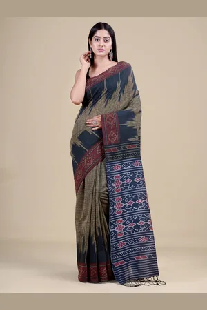 Laa Calcutta Khaki & Blue Jute Silk Jamdani Saree