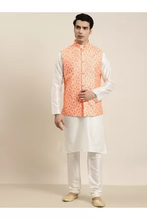 SOJANYA Men Off White Kurta with Churidar & Nehru Jacket