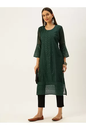 SWAGG INDIA Women Green Ethnic Motifs Embroidered Bell Sleeves Chikankari Straight Kurta