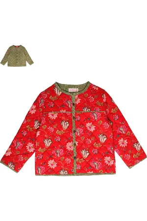 My Little Lambs Girls Red Floral Lightweight Crop Open Front Jacket with Embroidered
