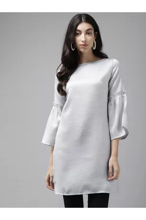 Cayman Women Grey Solid Bell Sleeves Pure Cotton Tunic