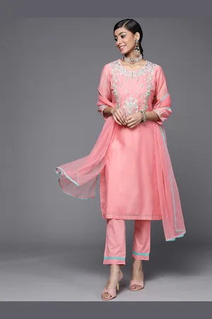 Biba Women Pink & Blue Ethnic Yoke Design Sequinned Kurta with Trousers & Dupatta