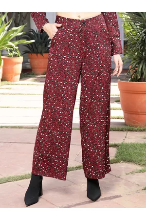 Sera Women Burgundy Animal Printed Relaxed Straight Leg Flared Trouser