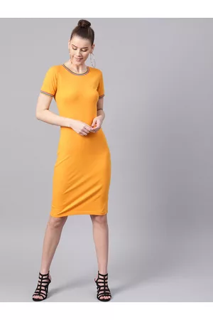 Sassafras Women Mustard Yellow Solid Bodycon Dress