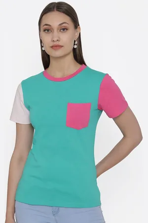 DOOR74 Women Green & Pink Cotton T-shirt
