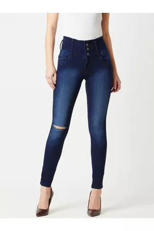 Miss Chase Women Navy Blue Skinny Fit High-Rise Slash Knee Stretchable Jeans