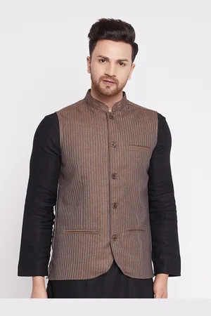 Even Men Brown & Grey Striped Woven Nehru Jacket