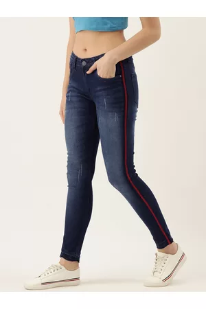 Campus Women Navy Cotton Slim Fit Mid-Rise Mildly Distressed Jeans with Side Stripe