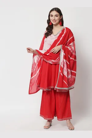 IkDaiya Women Red Striped Empire Kurta with Palazzos & With Dupatta