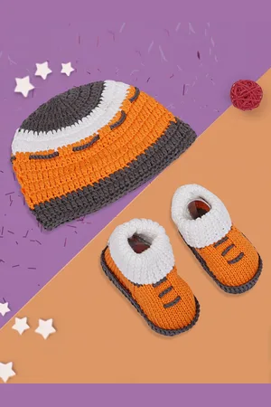 Baby Moo Kids Orange & Brown Knitted Pure Cotton Cap & Booties Gift Set