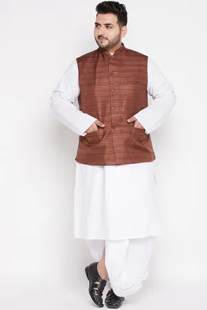 Vastramay Size Men White Pure Cotton Kurta with Dhoti Pants & Nehru Jacket
