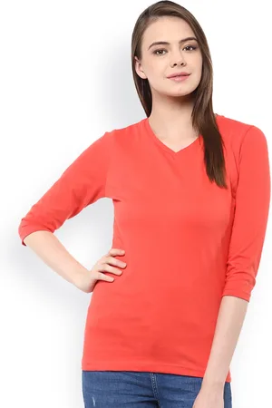 Miss Chase Women Coral Orange V-Neck Regular Fit T-Shirt