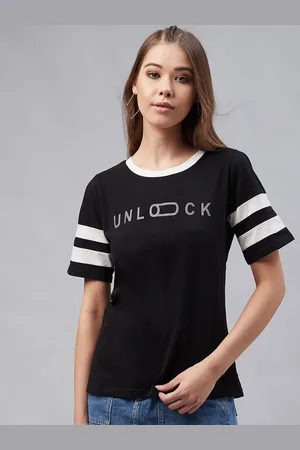 Rare Fashion Women Black & White Printed Round Neck T-shirt