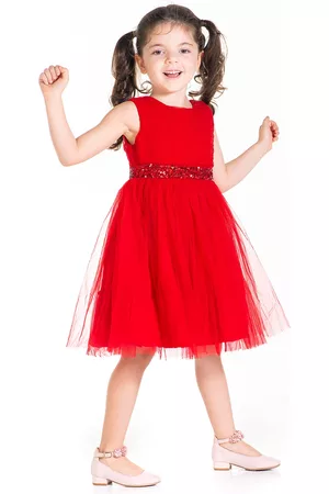 Cherry Crumble Girls Red Net Solid Fit & Flare Dress with Sequinned Detail