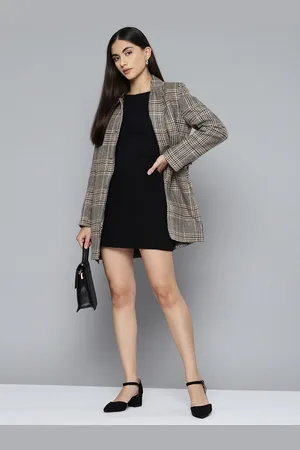 Chemistry Women Grey & Beige Checked Overcoat with a Belt