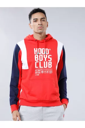 LocoMotive Men Red & Navy Blue Printed Hooded Sweatshirt