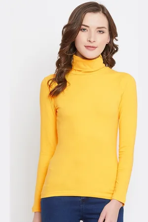 Hypernation Women Yellow High Neck Slim Fit Cotton T-shirt