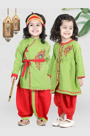 BownBee Girls Green & Orange Embroidered Pure Cotton Top With Dhoti & Mukut