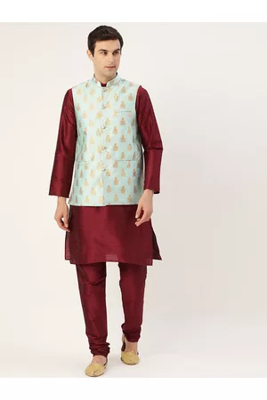 SOJANYA Men Maroon & Blue Solid Kurta with Churidar & Nehru Jacket