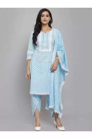 Get Glamr Women Blue & White Printed Kurta with Dhoti Pants & Dupatta