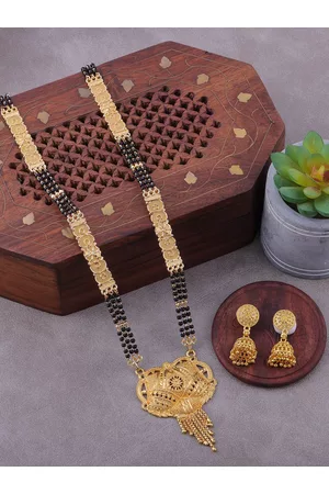Brandsoon One Gram Gold-Plated & Black Beaded Mangalsutra With Earrings