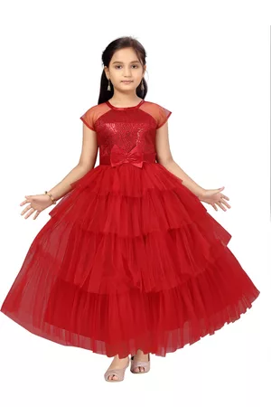 Aarika Girls Maroon Embellished Net Maxi Dress