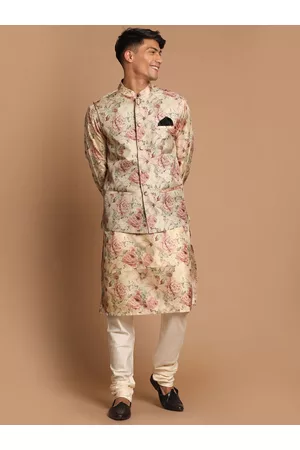 Vastramay Men Beige Printed Kurta with Pyjamas & Nehru Jacket
