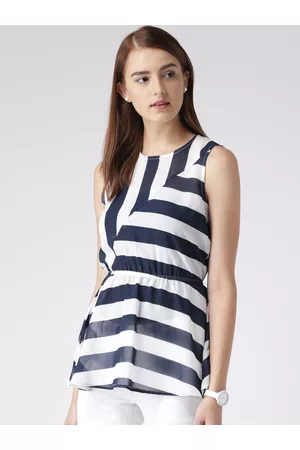 KASSUALLY Women Blue & White Striped Cinched Waist Top