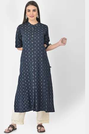 Pistaa Women Navy Blue Abstract Screen Print Pure Cotton Kurta