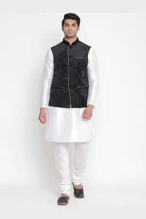 Vastramay Men White Kurta with Churidar & Nehru Jacket