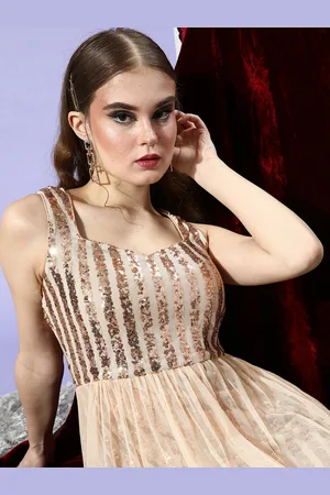 ATHENA Beige & Golden Sequinned Semi-Sheer Net Maxi Dress