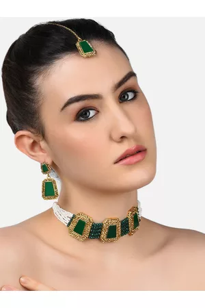 Zaveri Pearls Green Gold-Plated Stone Studded Jewellery Set