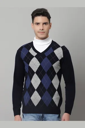 CANTABIL Men Navy Blue & Grey Argyle Printed Wool Pullover