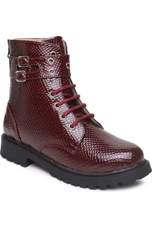 VALIOSAA Maroon Textured High-Top Wedge Heeled Boots with Buckles