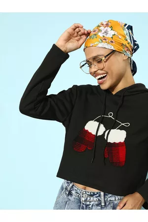 KASSUALLY Women Stylish Black Graphic Cropped Sweatshirt