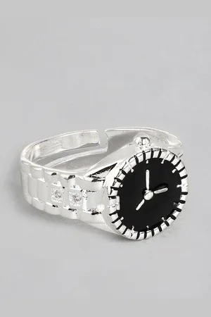 Jewels Galaxy Black Silver-Plated Clock Shaped Adjustable Finger Ring