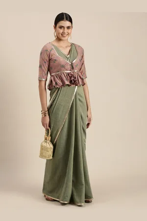 Ethnovog Green Solid Saree With Ethnic Jacket