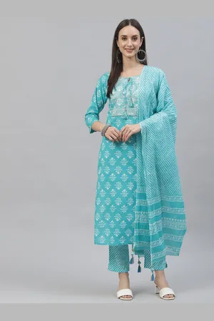 INDYES Women Turquoise Blue Ethnic Motifs Gotta Patti Cotton Kurta with Trousers & Dupatta