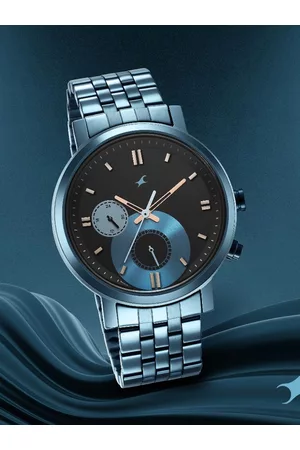 Fastrack Men Black Brass Dial & Blue Bracelet Style Straps Analogue Wrist Watch
