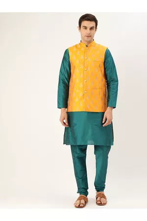 SOJANYA Men Teal Blue & Mustard Yellow Solid Kurta with Churidar & Nehru Jacket