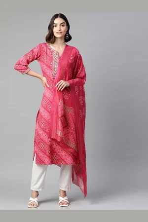 Sasimo Women Pink Bandhani Embroidered Gotta Patti Pure Cotton Kurta with Trousers & With Dupatta