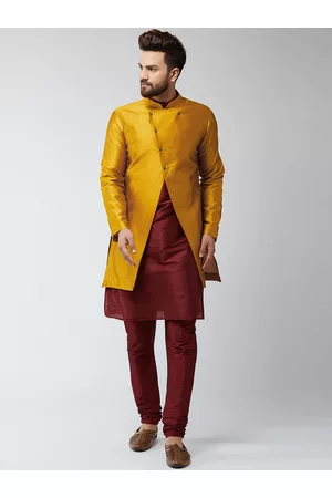 SOJANYA Men Maroon & Mustard Yellow Self Design Sherwani Set