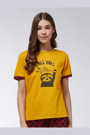 Miss Chase Women Yellow Typography Printed Applique T-shirt