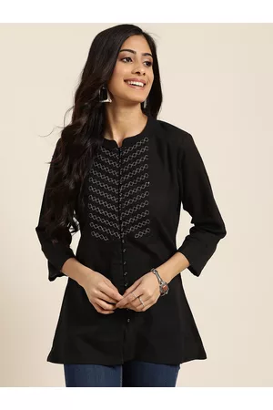 Sangria Women Black Geometric Yoke Embroidered Mandarin Collar Regular Top