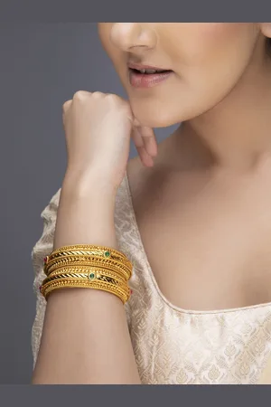 Anouk Set Of 2 Gold-Plated Red & Green Stoned-Studded Bangles